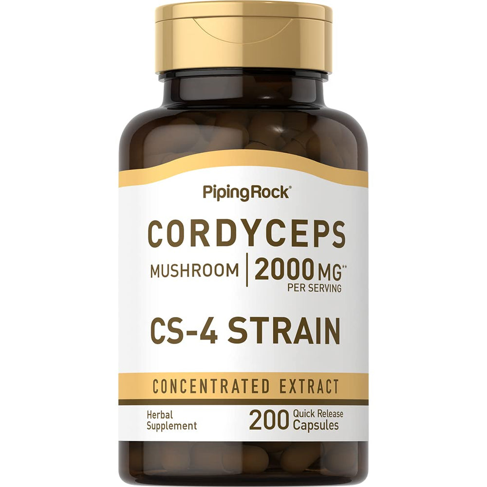 Piping Rock Cordyceps capsules in the bottle front for daily energy support.