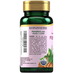 Piping Rock Fenugreek bottle label close-up, non-GMO and gluten-free emphasis.
