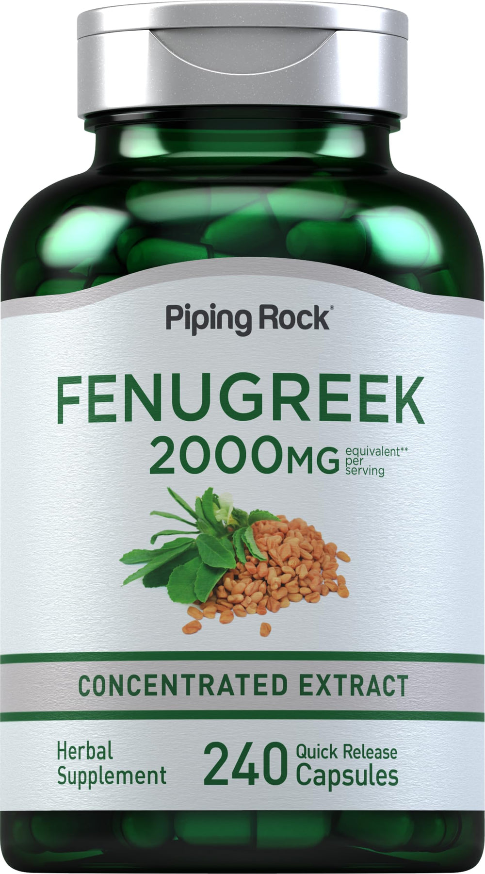 Piping Rock fenugreek capsules bottle shown, delivering potent extract for daily wellness.