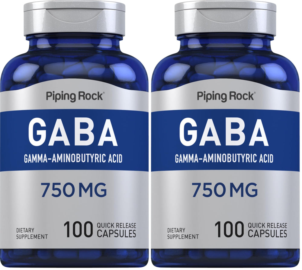 Piping Rock GABA 750mg bottle front view highlights convenient daily capsules.