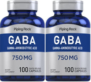Piping Rock GABA 750mg bottle front view highlights convenient daily capsules.