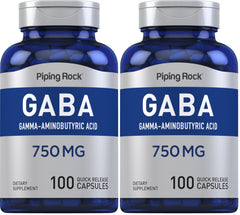 Piping Rock GABA 750mg bottle front view highlights convenient daily capsules.