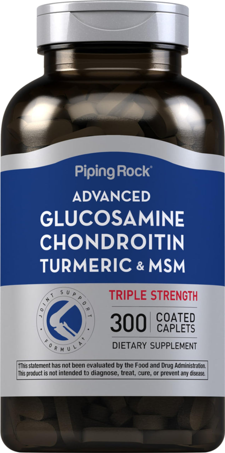 Piping Rock Glucosamine Chondroitin MSM Turmeric caplets in bottle, convenient daily supplement.