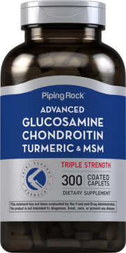 Piping Rock Glucosamine Chondroitin MSM Turmeric caplets in bottle, convenient daily supplement.