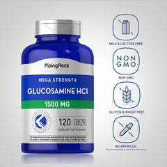 Piping Rock Glucosamine HCL 1500mg bottle front displays therapeutic-grade quality.