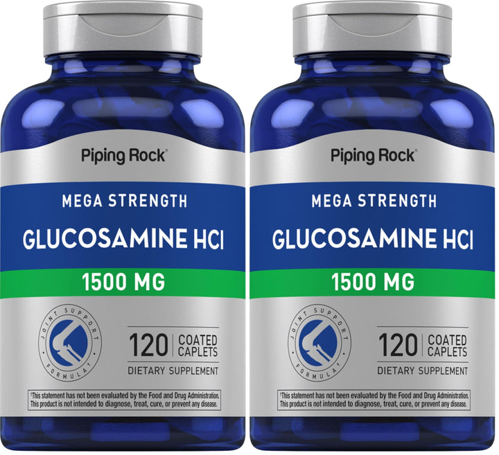 Piping Rock Glucosamine HCL 1500mg bottle label highlights potent formula for joint support.