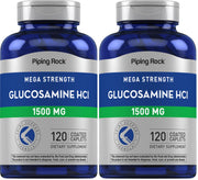Piping Rock Glucosamine HCL 1500mg bottle label highlights potent formula for joint support.