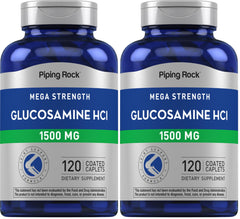 Piping Rock Glucosamine HCL 1500mg bottle label highlights potent formula for joint support.
