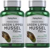 Piping Rock Green Lipped Mussel bottle on a clean surface, convenient daily supplement.