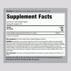 Piping Rock Guarana Capsules 1600 mg bottle back showing supplement details