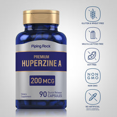 Piping Rock Huperzine A label close-up showing 200 mcg per serving and quality marks.