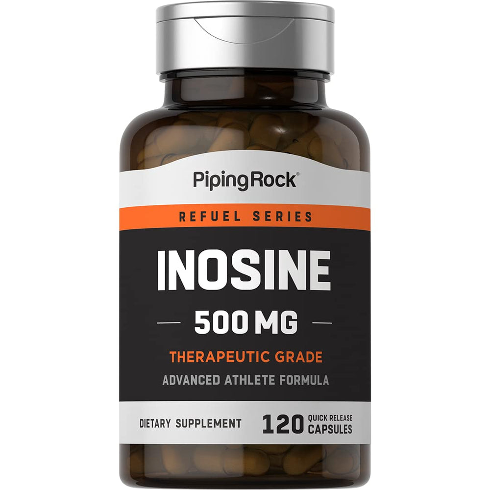 Piping Rock Inosine 500mg bottle on white background highlighting advanced athlete formula