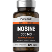 Piping Rock Inosine 500mg bottle on white background highlighting advanced athlete formula