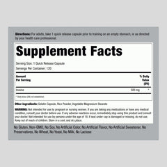 Piping Rock Inosine 500mg capsules neatly arranged for quick release in daily use