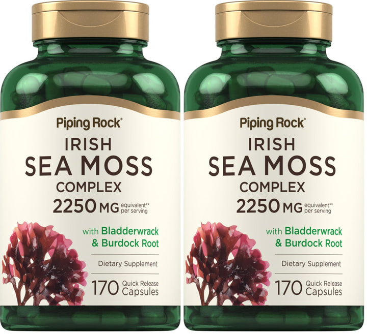Piping Rock Irish Sea Moss Capsules bottle; convenient daily supplement for energy and vitality.