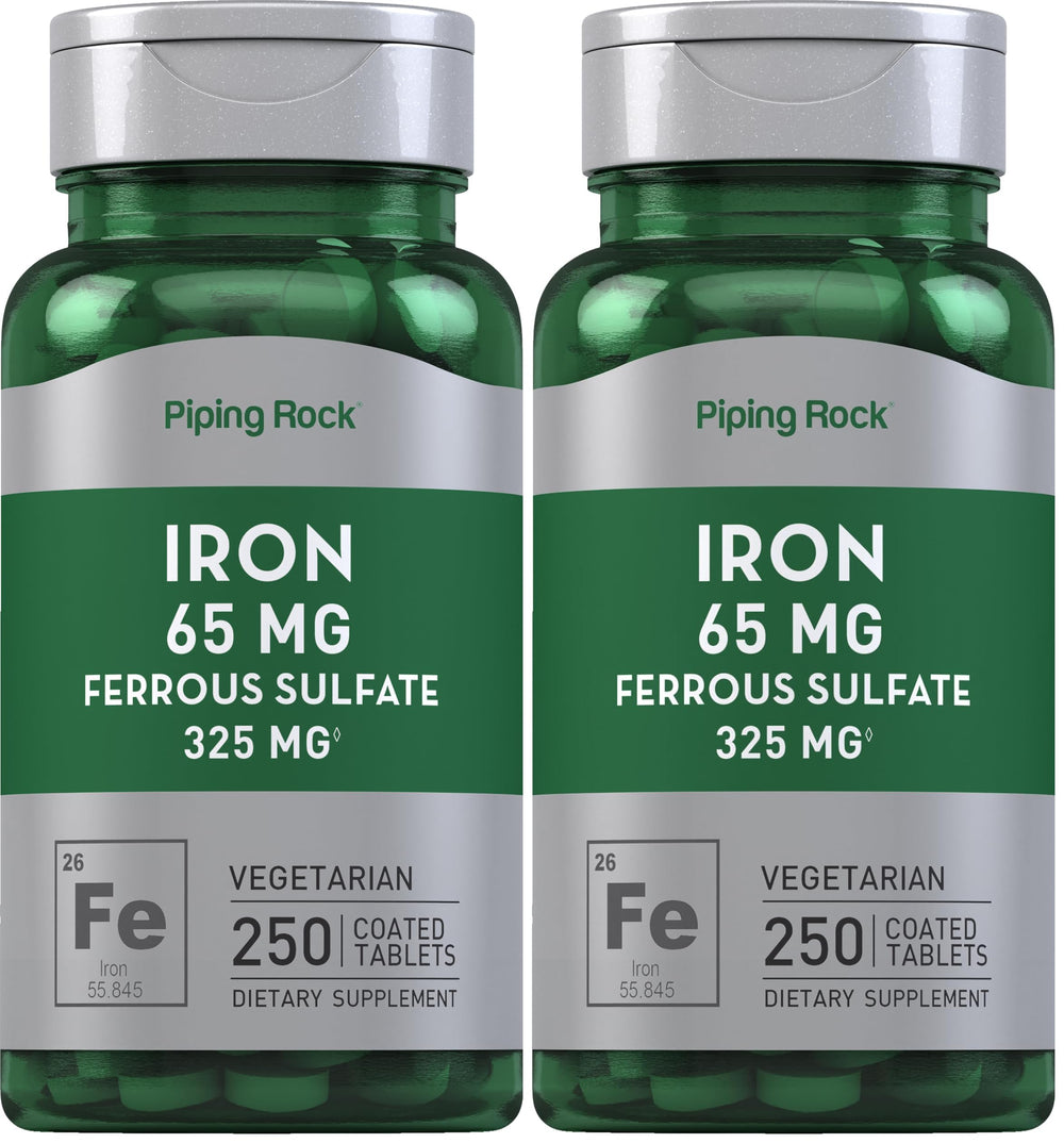 Piping Rock iron 65mg ferrous sulfate tablets, easy daily iron support.