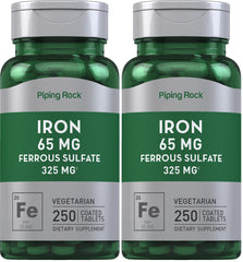 Piping Rock iron 65mg ferrous sulfate tablets, easy daily iron support.