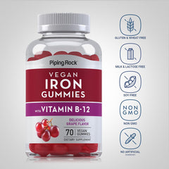 Piping Rock Iron Gummies grape bottle side view emphasizes gluten-free and non-GMO ingredients.