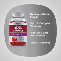 Piping Rock Iron Gummies grape bottle side shows B12 inclusion for daily nutrition.