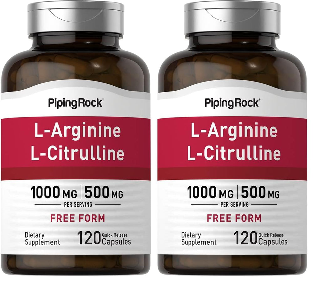 Piping Rock L-Arginine L-Citrulline bottle showing per-pack formula for daily wellness support.