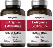 Piping Rock L-Arginine L-Citrulline bottle showing per-pack formula for daily wellness support.