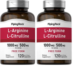 Piping Rock L-Arginine L-Citrulline bottle showing per-pack formula for daily wellness support.