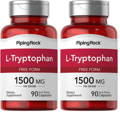 Piping Rock L-Tryptophan 1500mg bottle front view, easy daily capsules.