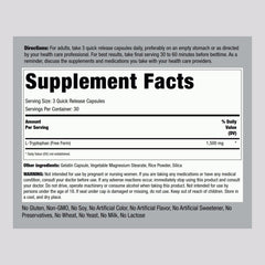 Piping Rock L-Tryptophan 1500mg capsules close-up, easy-to-swallow daily capsules.