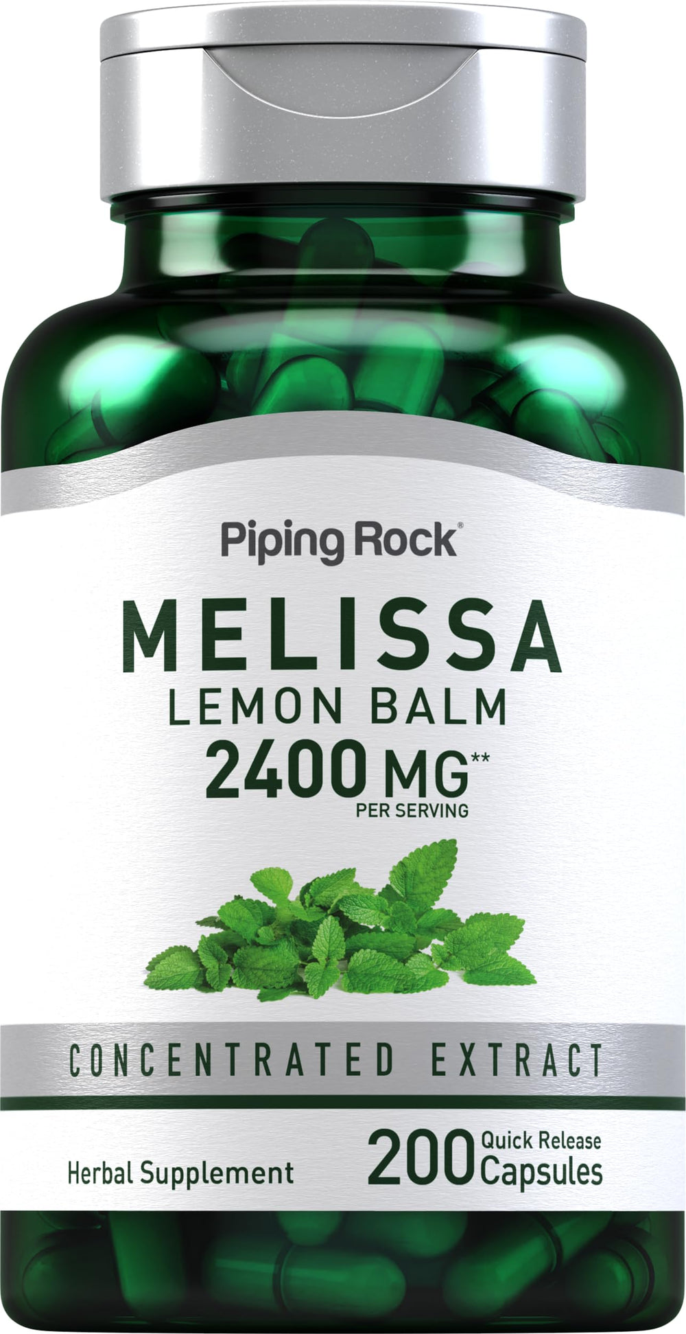 Piping Rock Lemon Balm Capsules bottle with 200-count supply for daily use.
