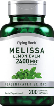 Piping Rock Lemon Balm Capsules bottle with 200-count supply for daily use.