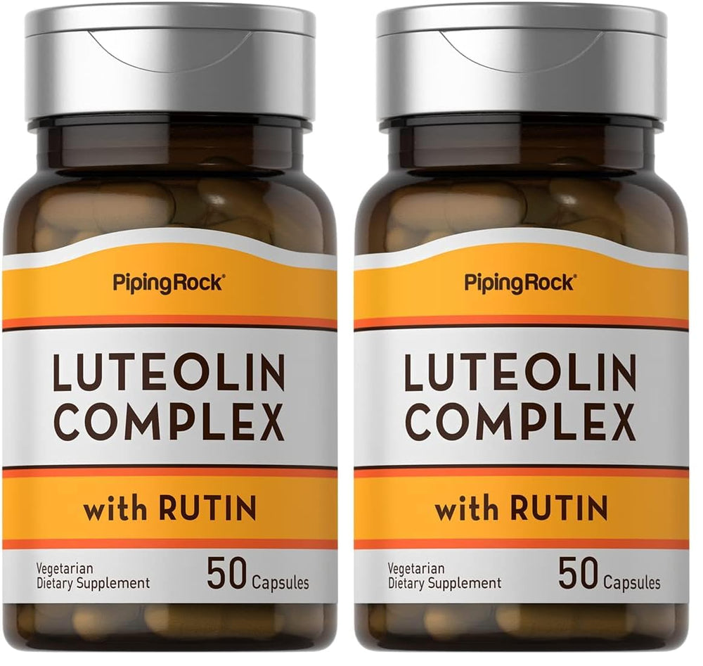 Piping Rock Luteolin two-pack bottle showing 100 mg capsule and rutin blend for daily antioxidant support