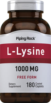 Piping Rock L-Lysine caplets bottle cap close-up shows easy-to-swallow coated tablets.