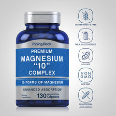 Piping Rock Magnesium 10-in-One Complex label view highlighting gluten-free and non-GMO