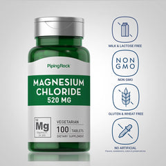Back label of Piping Rock magnesium chloride bottle with ingredients and non-GMO information.
