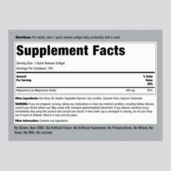 Piping Rock Magnesium Softgels bottle back — dosage and ingredients information for informed use