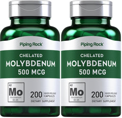 Piping Rock molybdenum bottle showing 500 mcg dosage per capsule