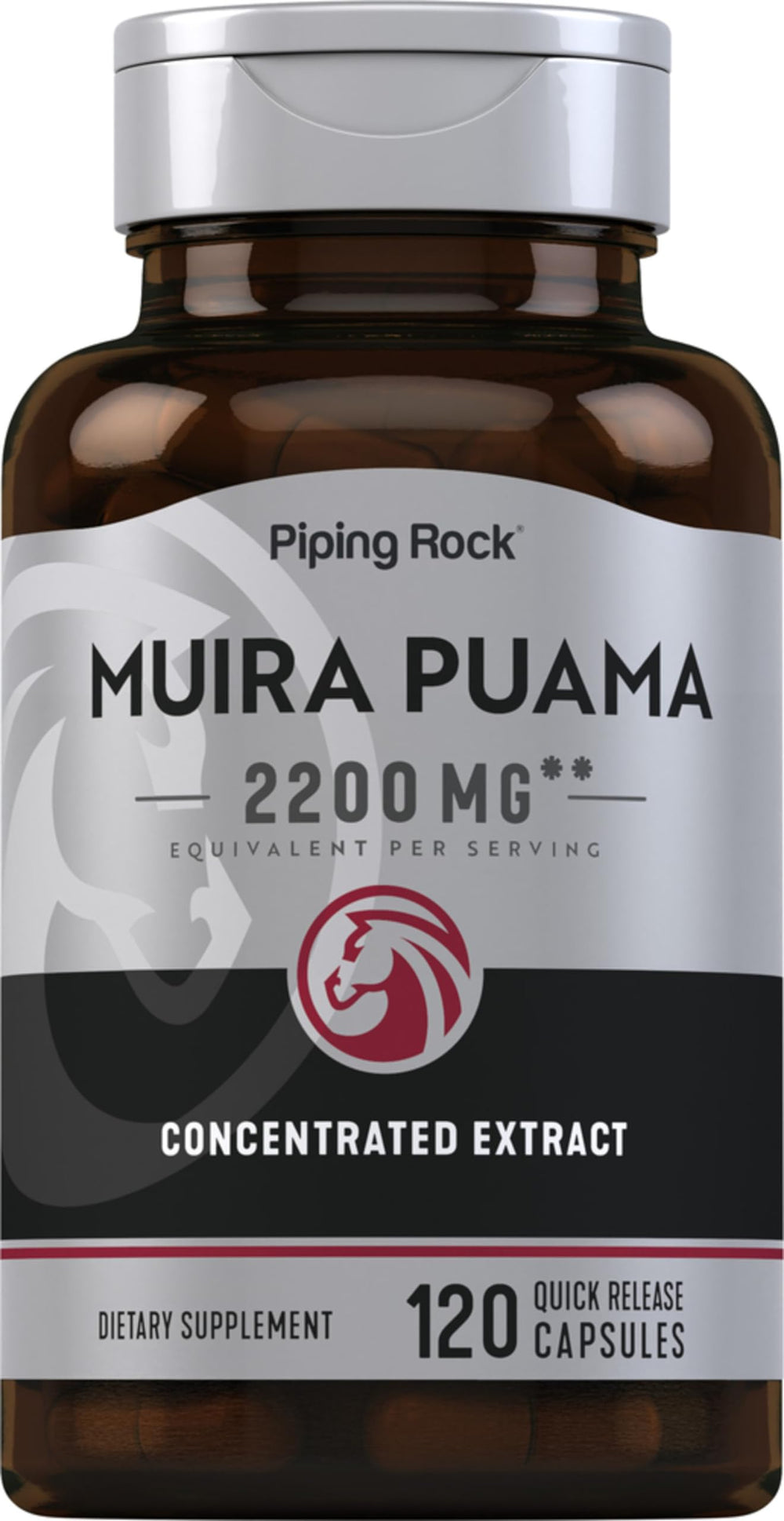 Piping Rock Muira Puama root bottle front promotes daily vitality.