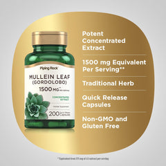 Piping Rock Mullein Leaf Extract label close-up showing purity and ingredients.