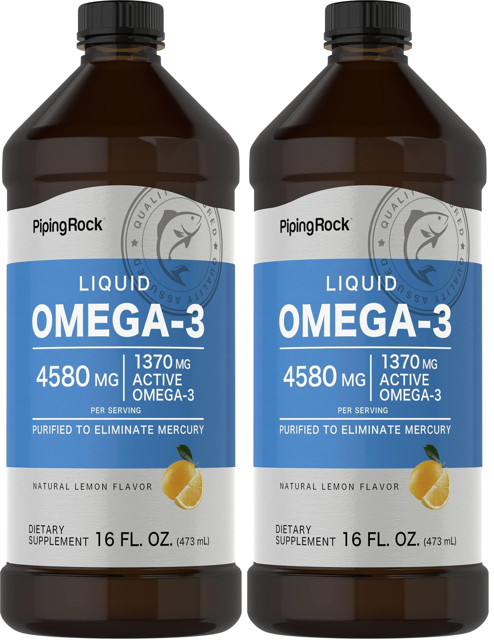 Piping Rock Omega-3 fish oil liquid bottle with mercury-free purification for clean taste