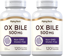 Piping Rock Ox Bile 500mg bottle with quick-release capsules for daily digestion support
