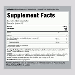 Piping Rock PS 100mg softgels close-up highlighting quick-release capsules.
