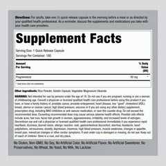 Piping Rock Pregnenolone 50 mg capsules side view highlighting compact packaging.