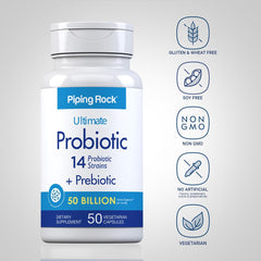 Piping Rock Probiotic 14-strains badge on packaging highlights strain variety.