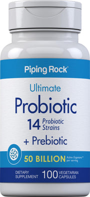 Piping Rock Probiotic bottle shows 50 billion CFU for daily gut balance.