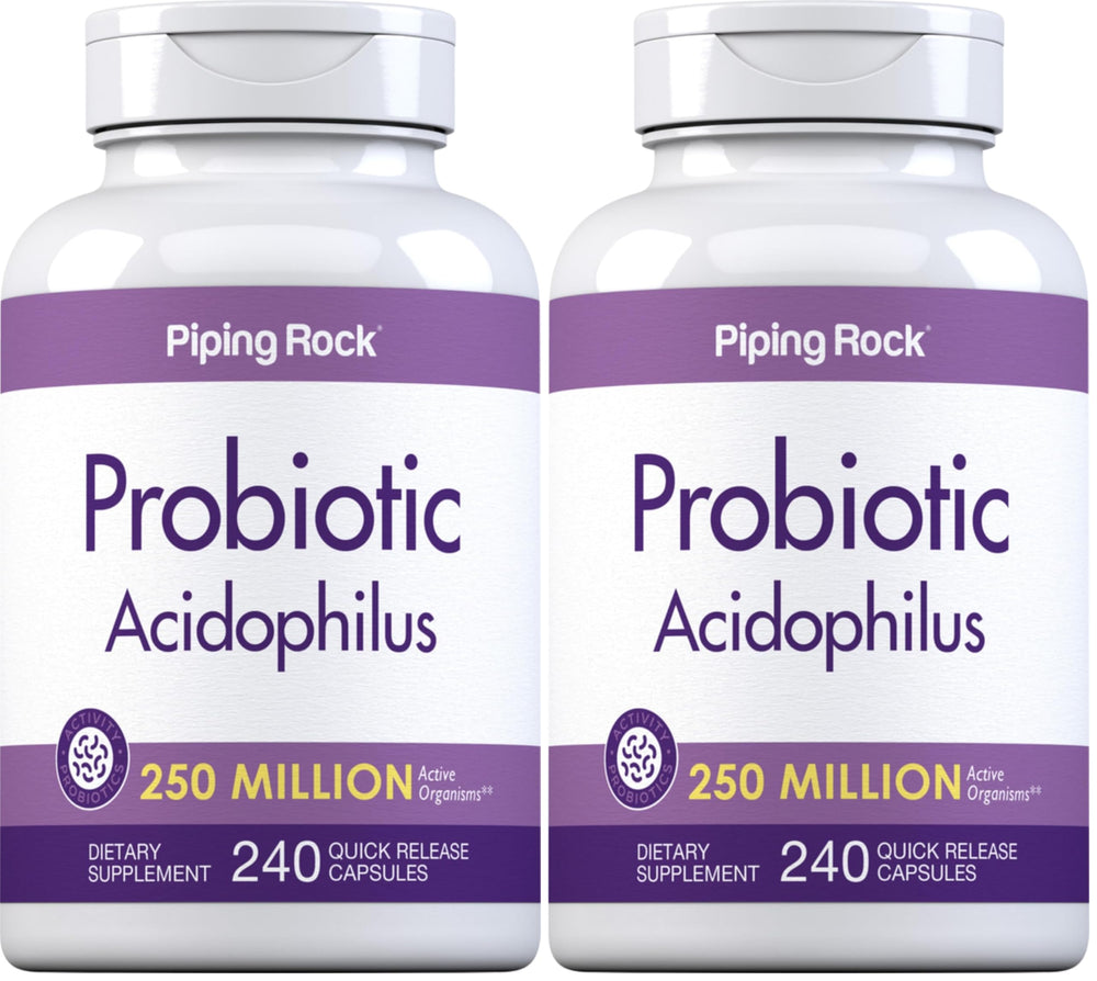 Piping Rock Probiotic Acidophilus bottle front with two-pack for daily gut support.