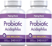 Piping Rock Probiotic Acidophilus bottle front with two-pack for daily gut support.
