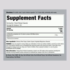Piping Rock Probiotic Acidophilus bottle label close-up highlighting non-GMO and gluten-free credentials.