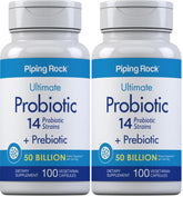 Piping Rock probiotic bottle front label highlights 50B CFU for daily gut support