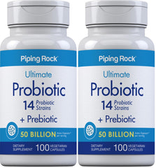 Piping Rock probiotic bottle front label highlights 50B CFU for daily gut support