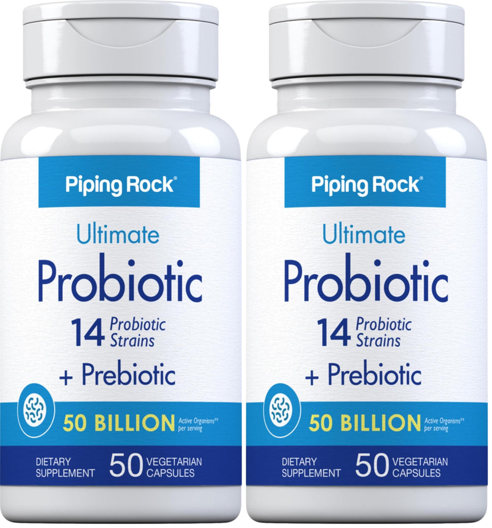 Piping Rock Probiotic bottle with label, suggesting daily digestive balance.